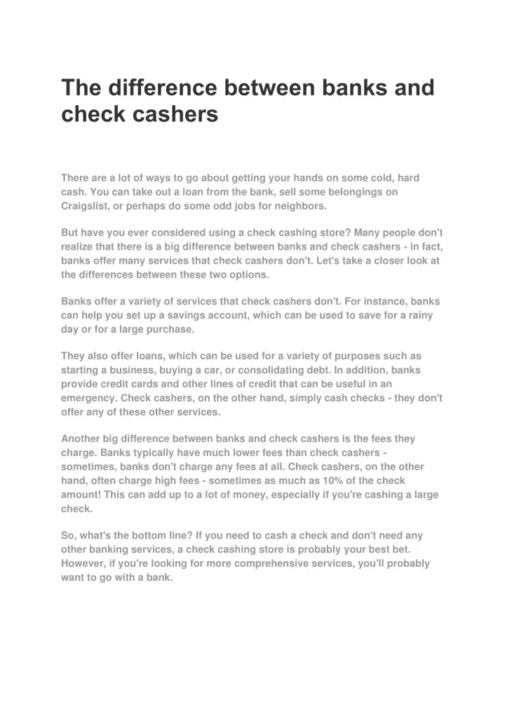 the difference between banks and check cashers