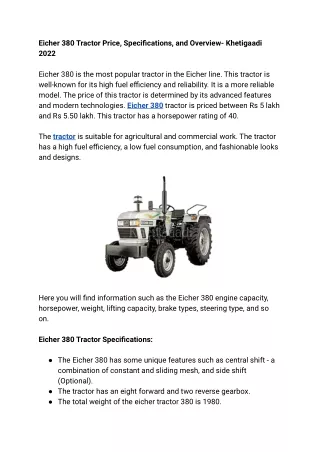 Eicher 380 Tractor Price, Specifications, and Overview- Khetigaadi 2022