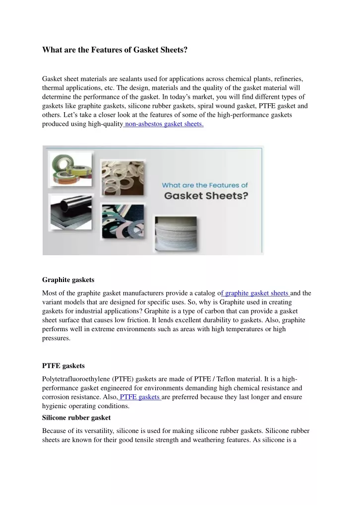 what are the features of gasket sheets