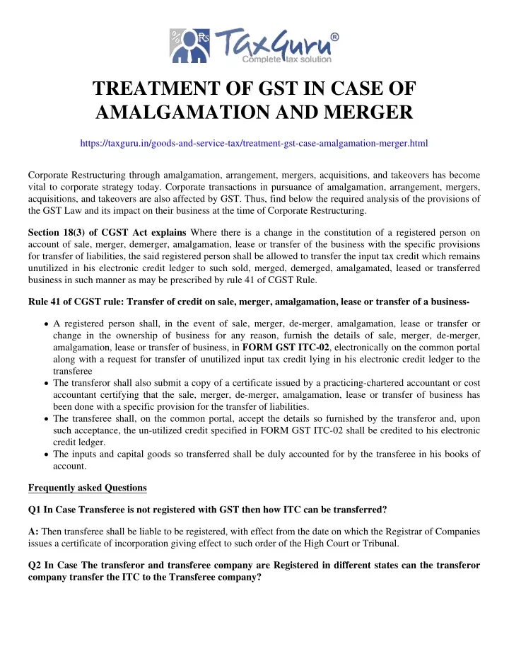 treatment of gst in case of amalgamation