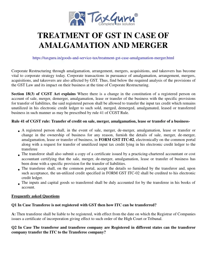 treatment of gst in case of amalgamation and merger