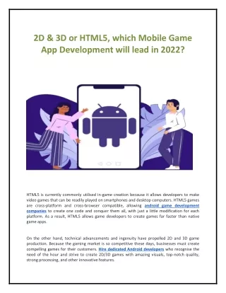 2D & 3D or HTML5, which Mobile Game App Development will lead in 2022