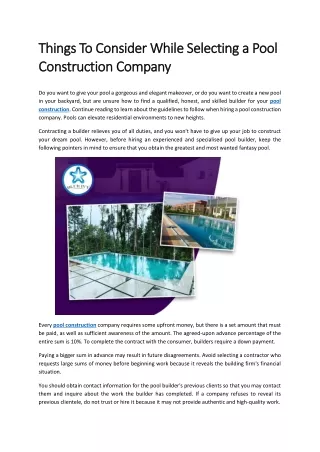 Things To Consider While Selecting a Pool Construction Company
