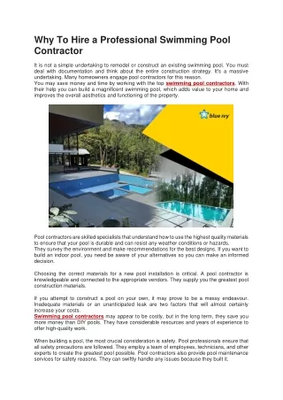 Why To Hire a Professional Swimming Pool Contractor