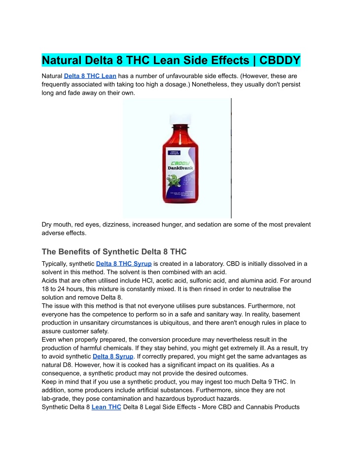 natural delta 8 thc lean side effects cbddy
