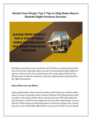 Maxim Poon Wong’s Top 5 Tips to Help Home Buyers Make the Right Purchase Decisio
