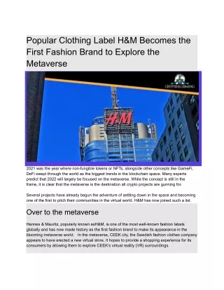 Popular Clothing Label H&M Becomes the First Fashion Brand to Explore the Metave