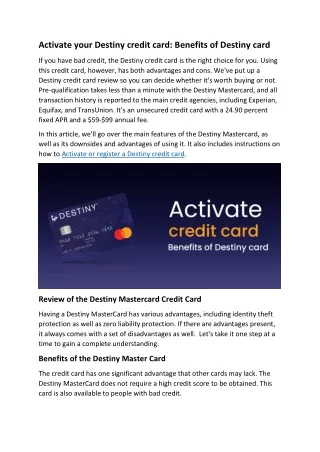 Activate Destiny credit card & Benefits of Destiny card
