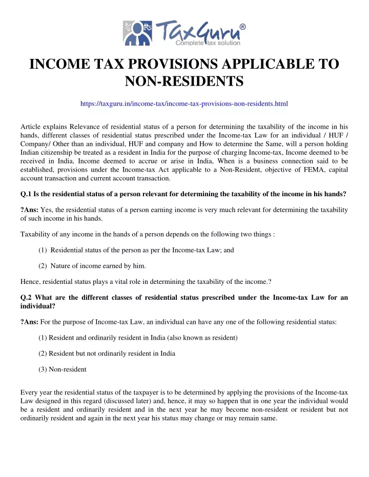 income tax provisions applicable to non residents