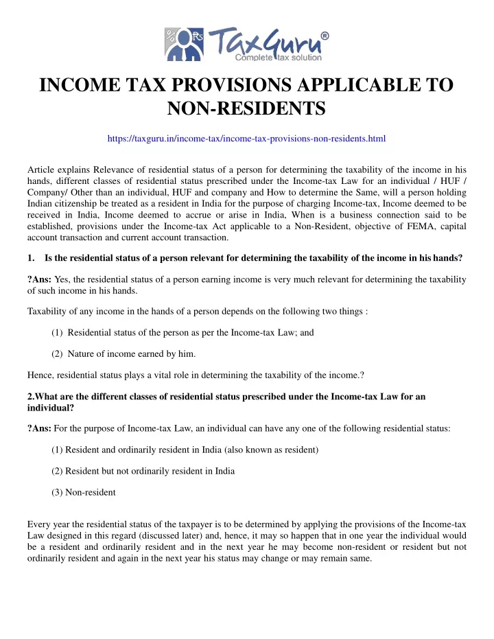 income tax provisions applicable to non residents