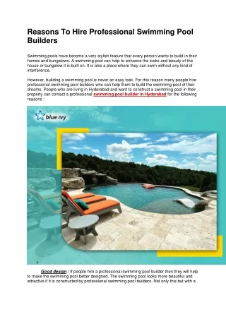 Reasons To Hire Professional Swimming Pool Builders