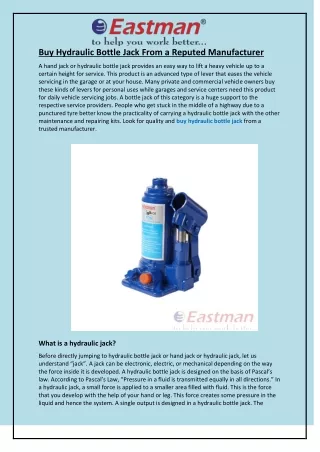 Buy Hydraulic Bottle Jack From a Reputed Manufacturer