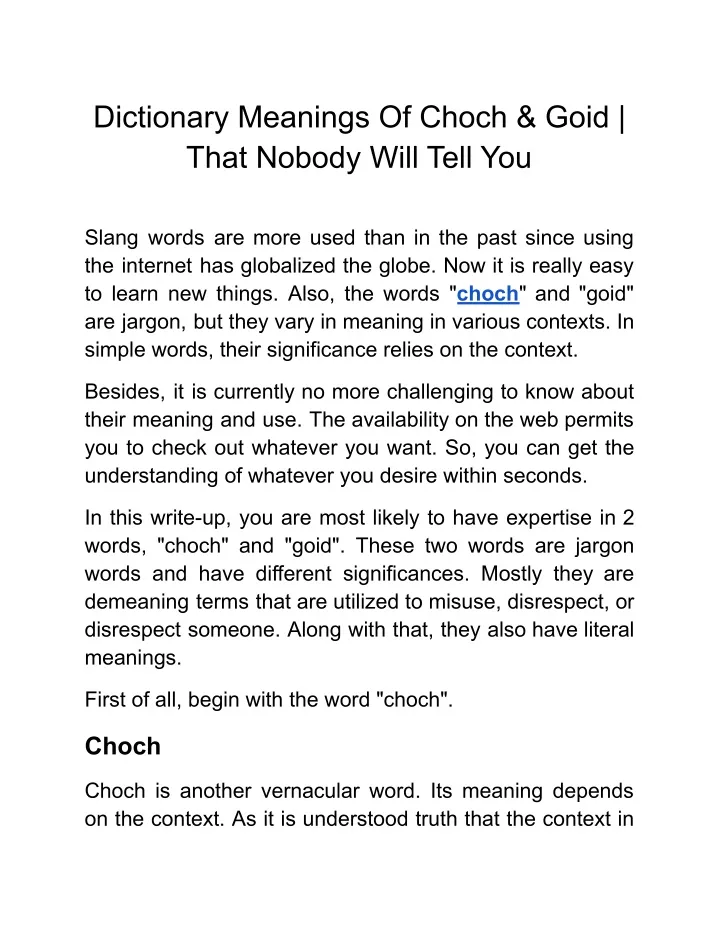 dictionary meanings of choch goid that nobody