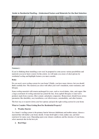 Guide to Residential Roofing – Understand Factors and Materials for the Best Selection