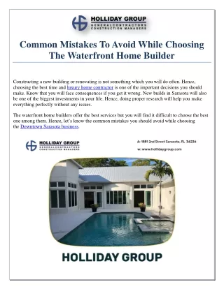 Common Mistakes To Avoid While Choosing The Waterfront Home Builder