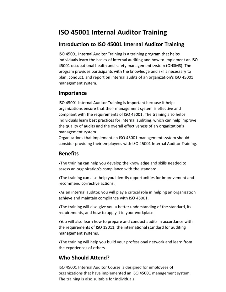 iso 45001 internal auditor training introduction