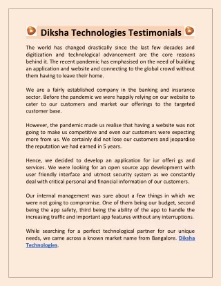 Diksha Technologies Testimonials