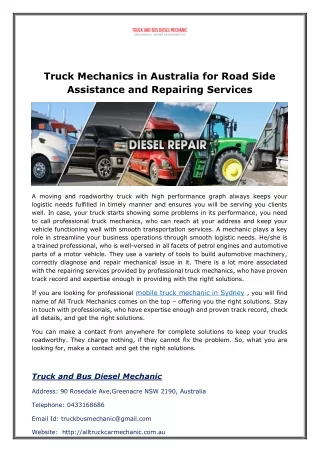 Truck Mechanics in Australia for Road Side Assistance and Repairing Services