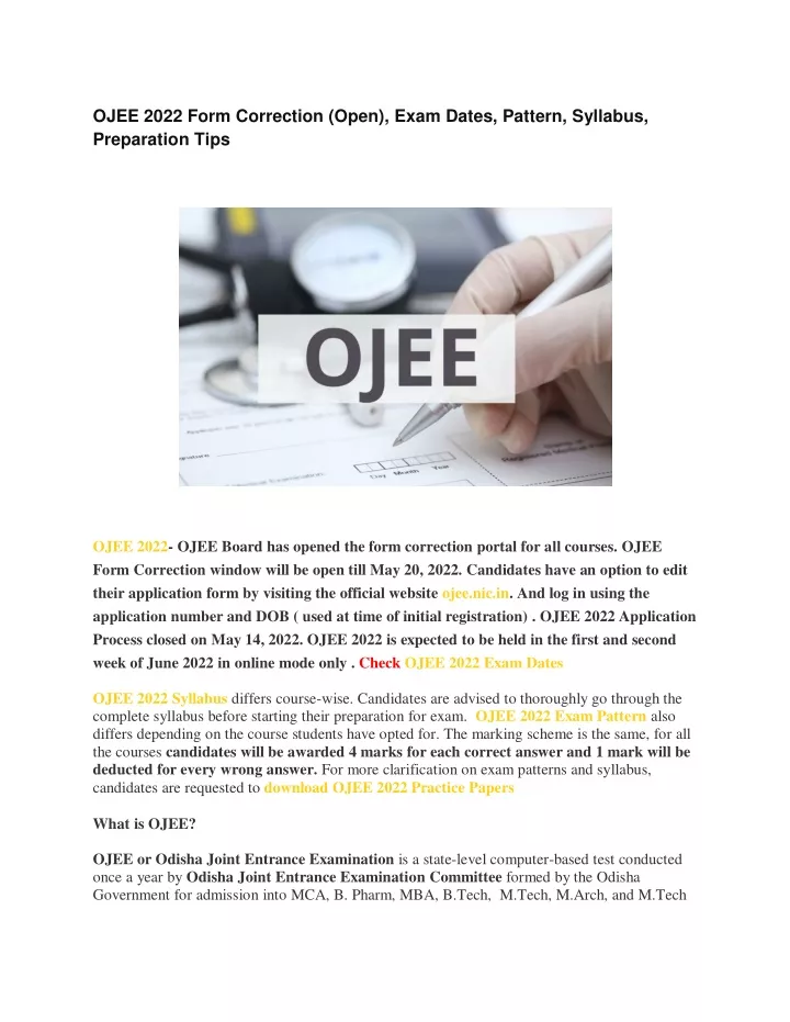 ojee 2022 form correction open exam dates pattern