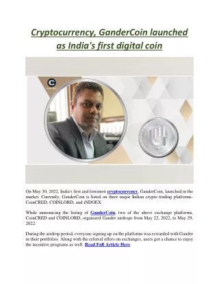 Cryptocurrency, GanderCoin launched as India's first digital coin