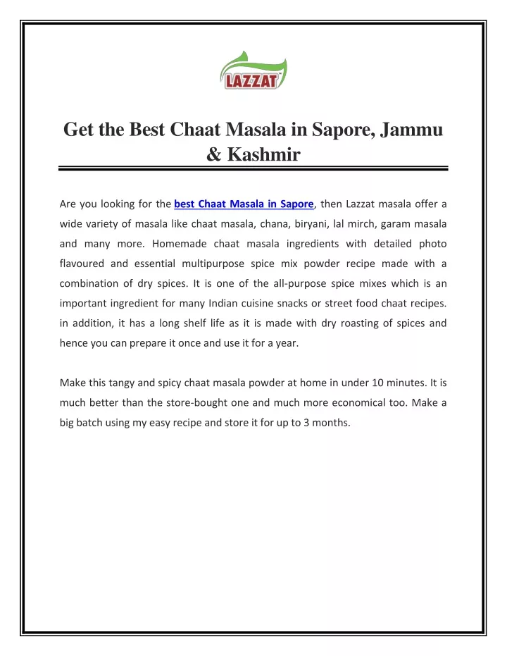 get the best chaat masala in sapore jammu kashmir