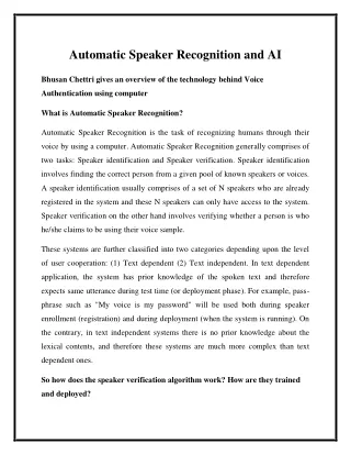 Automatic Speaker Recognition and AI