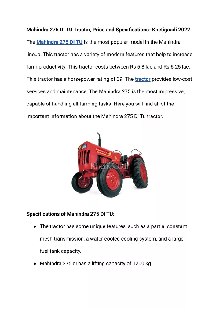 mahindra 275 di tu tractor price