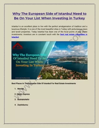 Why The European Side Of Istanbul Need To Be On Your List When Investing In Turkey