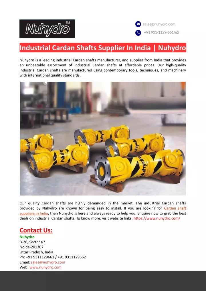 industrial cardan shafts supplier in india nuhydro