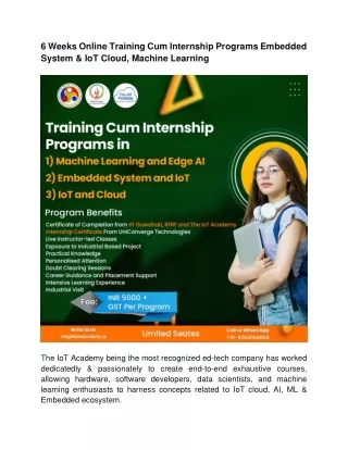 6 Weeks Online Training Cum Internship Programs Embedded System & IoT Cloud, Machine Learning