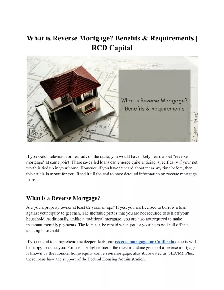 what is reverse mortgage benefits requirements