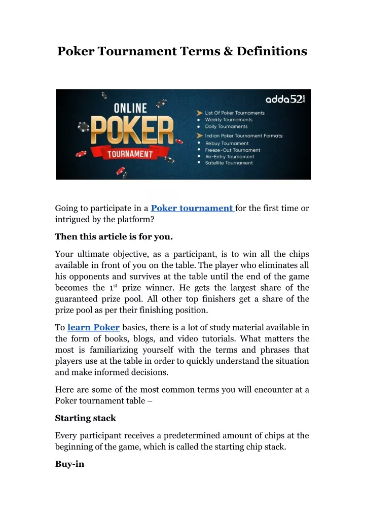 poker tournament terms definitions