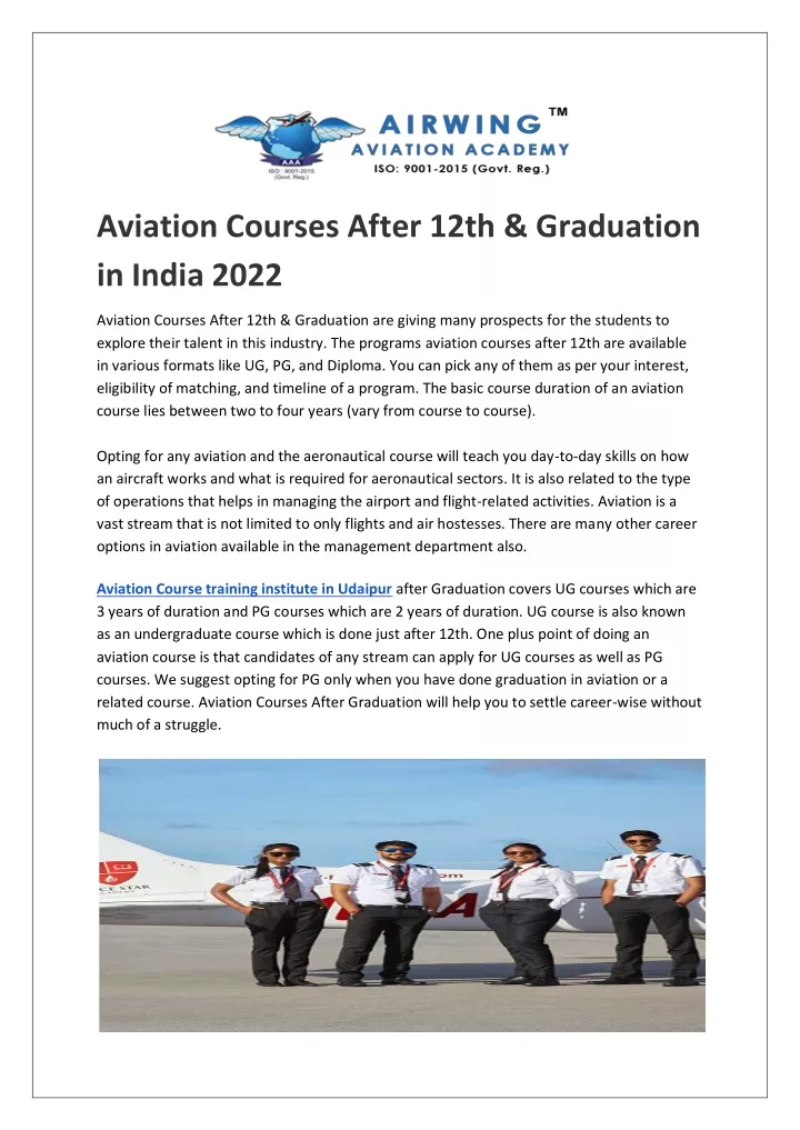 aviation courses after 12th graduation in india