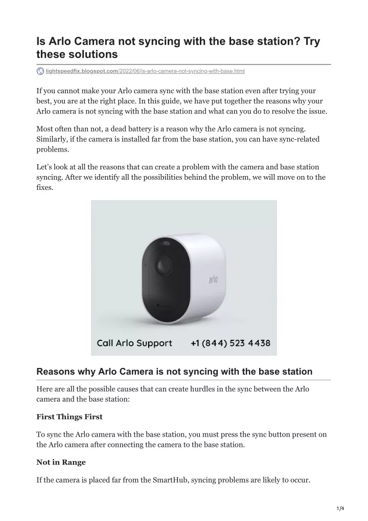 is arlo camera not syncing with the base station
