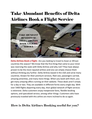 Take Abundant Benefits of Delta Airlines Book a Flight Service