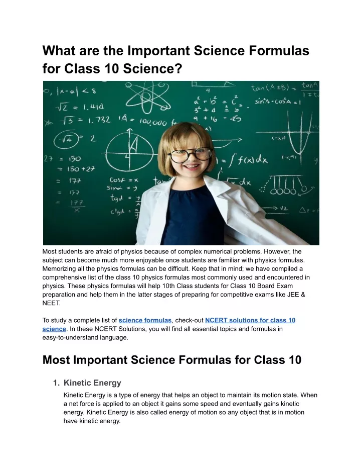 what are the important science formulas for class
