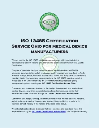 ISO 13485 Certification Service Ohio for medical device manufacturers