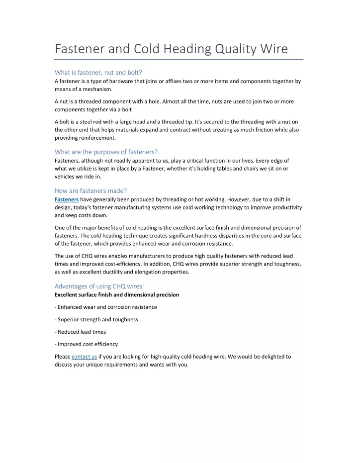 fastener and cold heading quality wire
