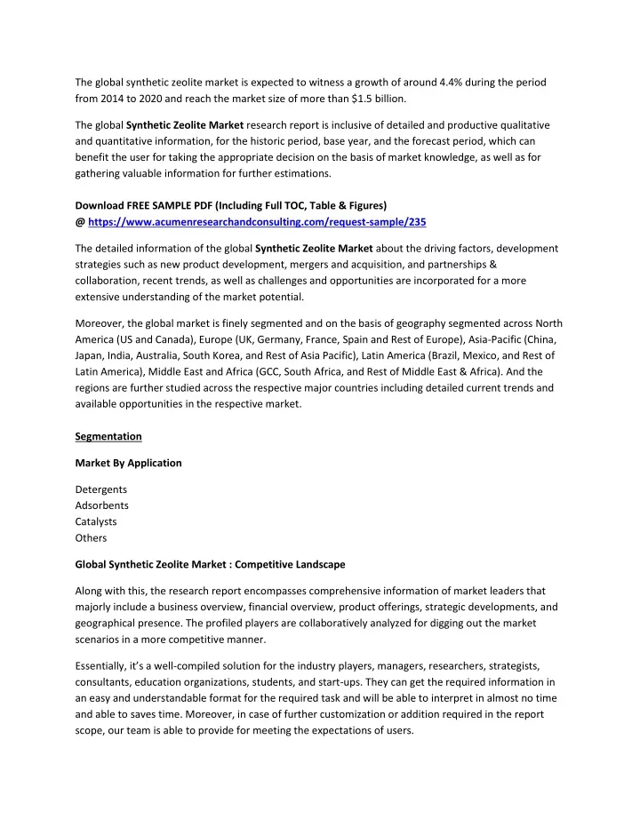 the global synthetic zeolite market is expected