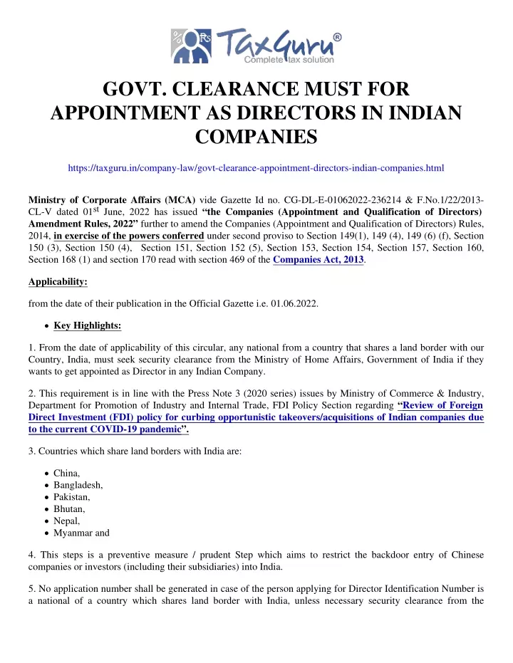govt clearance must for appointment as directors