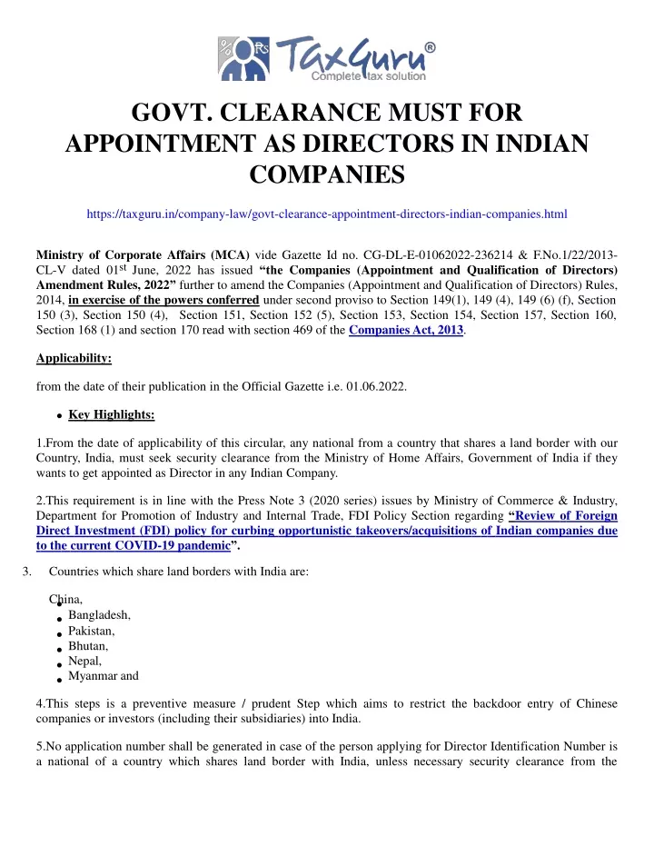 govt clearance must for appointment as directors in indian companies