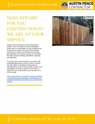 AUSTIN FENCE CONTRACTOR - NEED REPAIRS FOR YOU EXISTING FENCE. WE ARE AT YOUR SERVICE