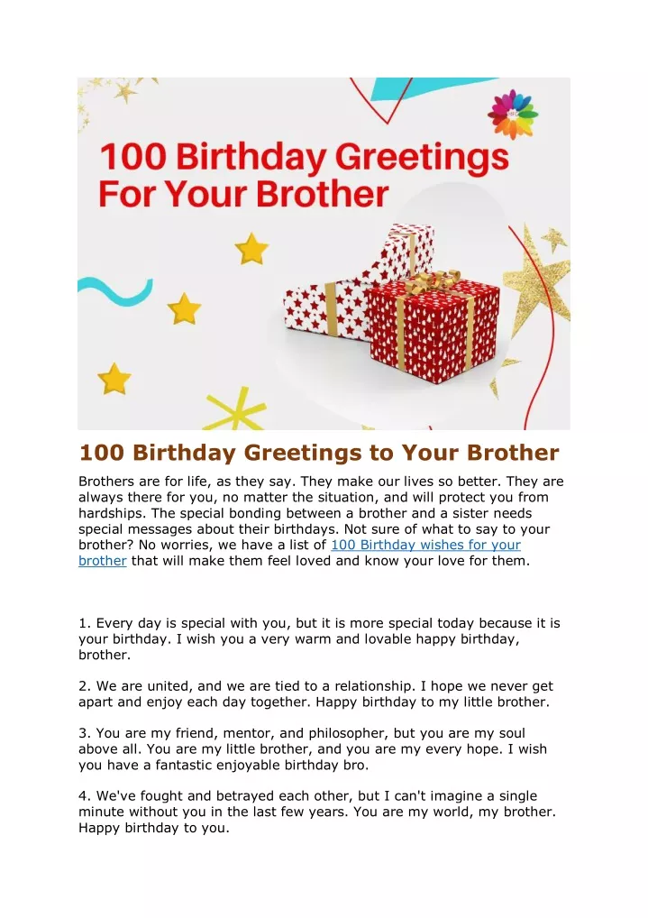 100 birthday greetings to your brother