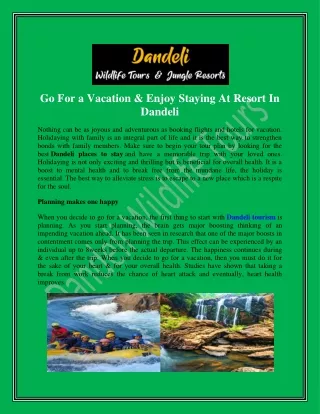 Go For a Vacation & Enjoy Staying At Resort In Dandeli