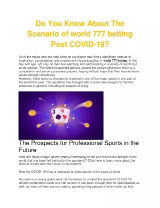 Do You Know About The Scenario of world 777 betting Post COVID