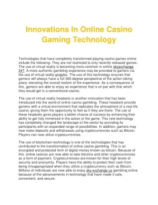 Innovations In Online Casino Gaming Technology