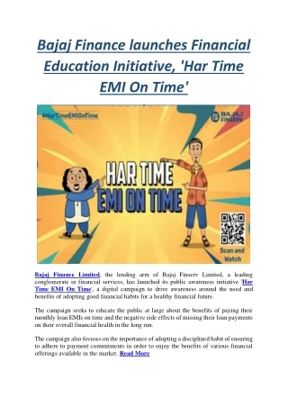 Bajaj Finance launches Financial Education Initiative, 'Har Time EMI On Time'