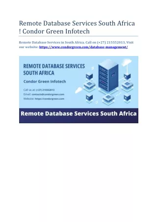 Remote Database Services South Africa ! Condor Green Infotech