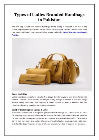 Types Of ladies branded handbags in Pakistan