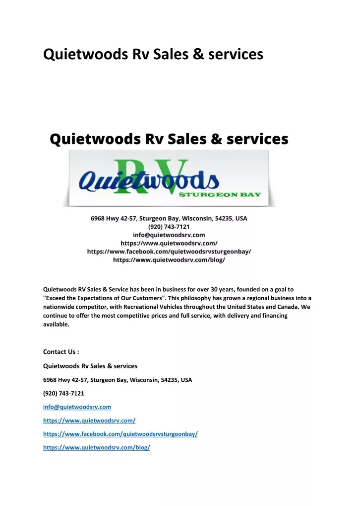 quietwoods rv sales services